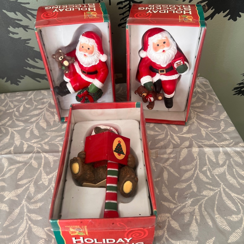 Yuletide Traditions Christmas Stocking Hangers‎ Set of 3 Santa and Bear Mantle